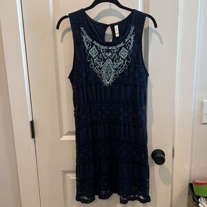 Xhilaration NAVY Dress Cotton Crochet Lace over Nylon/Rayon w/ Blue Embr…